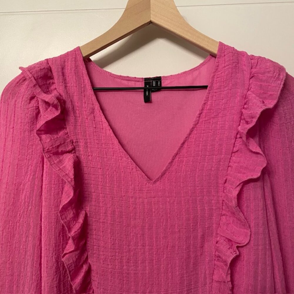 NWOT Vero Moda Pink V-Neck Frill Ruffle Long Sleeve Blouse Top Size Small - Picture 3 of 14